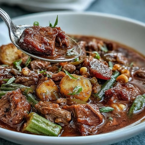 Hearty Kentucky Derby Burgoo Stew, a rich, slow-simmered Southern delight ready for serving.
