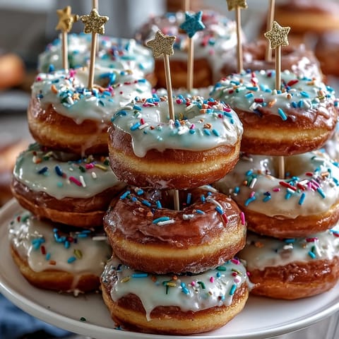 A vibrant Graduation Party Donut Tower sparkles with colorful sprinkles as a festive dessert.