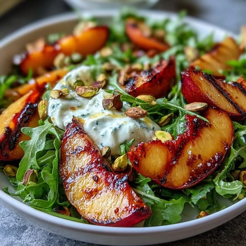 Grilled peach and burrata salad, creamy cheese and fruit drizzled with honey.