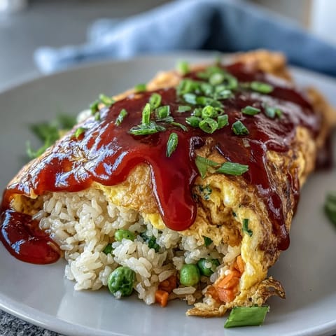 Savory ketchup rice nested in a golden, fluffy omelet, drizzled with classic Japanese Omurice.