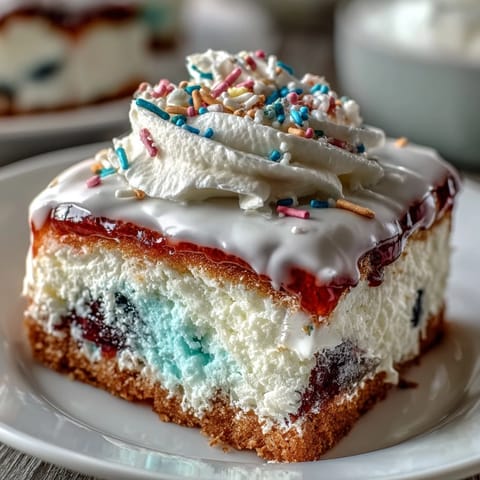 Moist Patriotic Poke Cake topped with creamy white chocolate ganache and vibrant sprinkles.