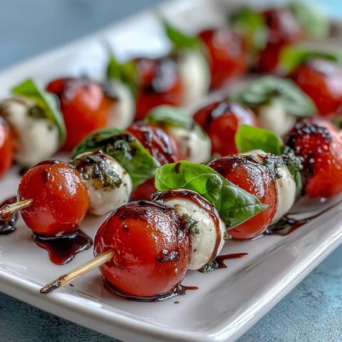 A close-up of Mini Caprese skewers, showcasing fresh ingredients and glistening balsamic drizzle elegance.
