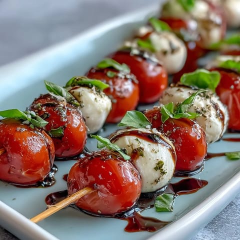Mini Caprese skewers boast vibrant cherry tomatoes, mozzarella, basil, and balsamic glaze perfection.