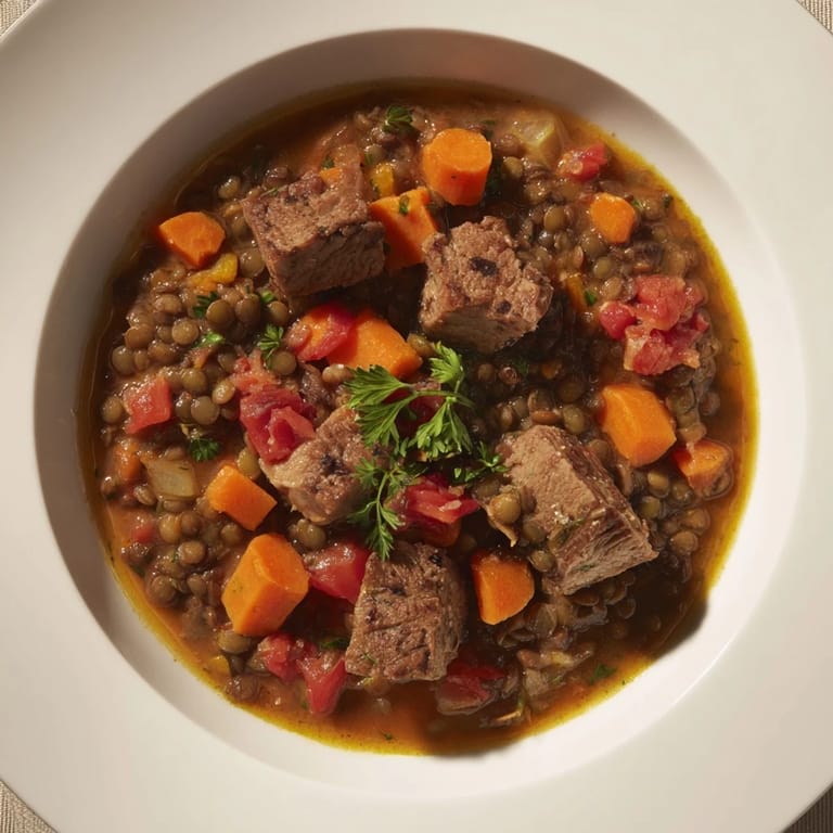 A close-up shot of a single serving of One-Pot Spicy Beef and Lentil Soup, topped with fresh cilantro.
