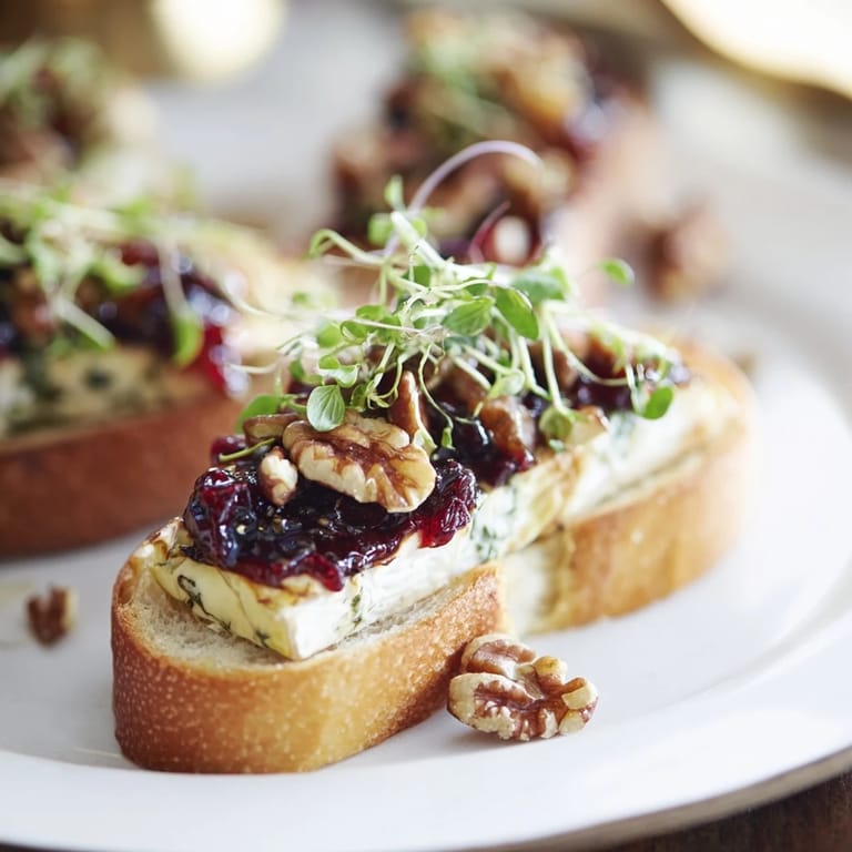 Close-up of golden Festive Holiday Cranberry and Brie Crostini, with fresh herbs adding aromatic flavor and texture.