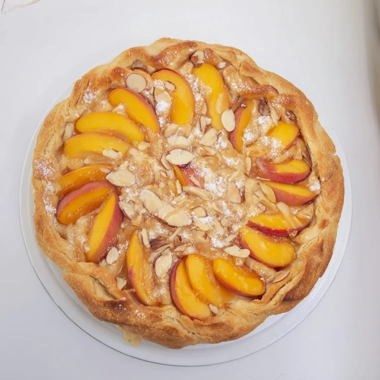 Freshly baked Rustic Peach and Almond Tart features a flaky crust and sweet fruit, perfect dessert.