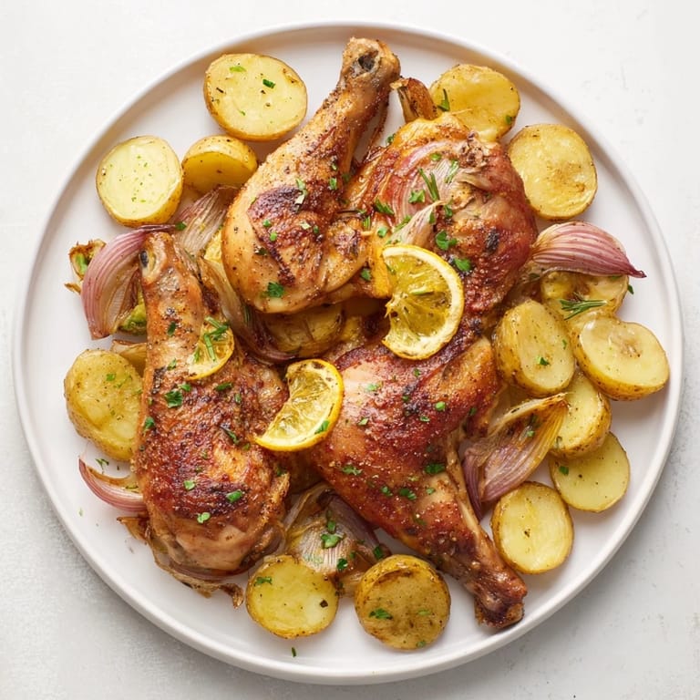 Close-up of One-Dish Baked Chicken Thighs, showing crispy skin, herbs, and tender vegetables, ready for a delicious dinner.