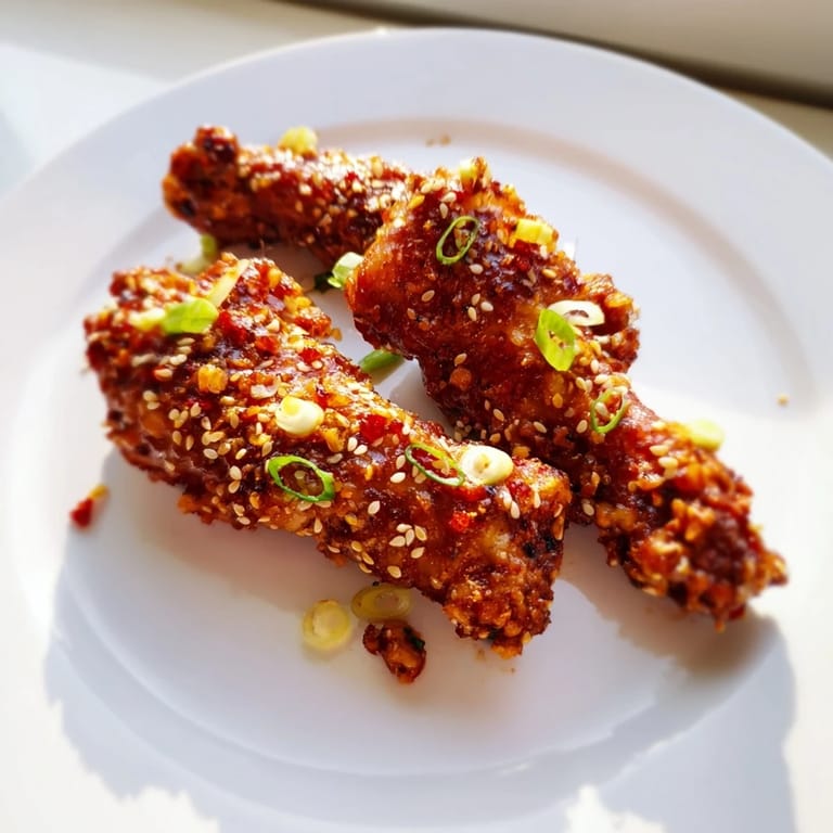 Tempting image of sizzling honey-chili glazed chicken wings, garnished with sesame seeds and green onions.