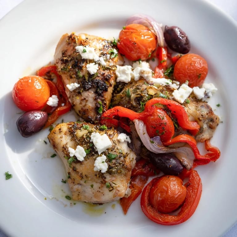 Juicy Easy Sheet Pan Greek Chicken with colorful vegetables and crumbled feta, a flavorful, healthy meal.