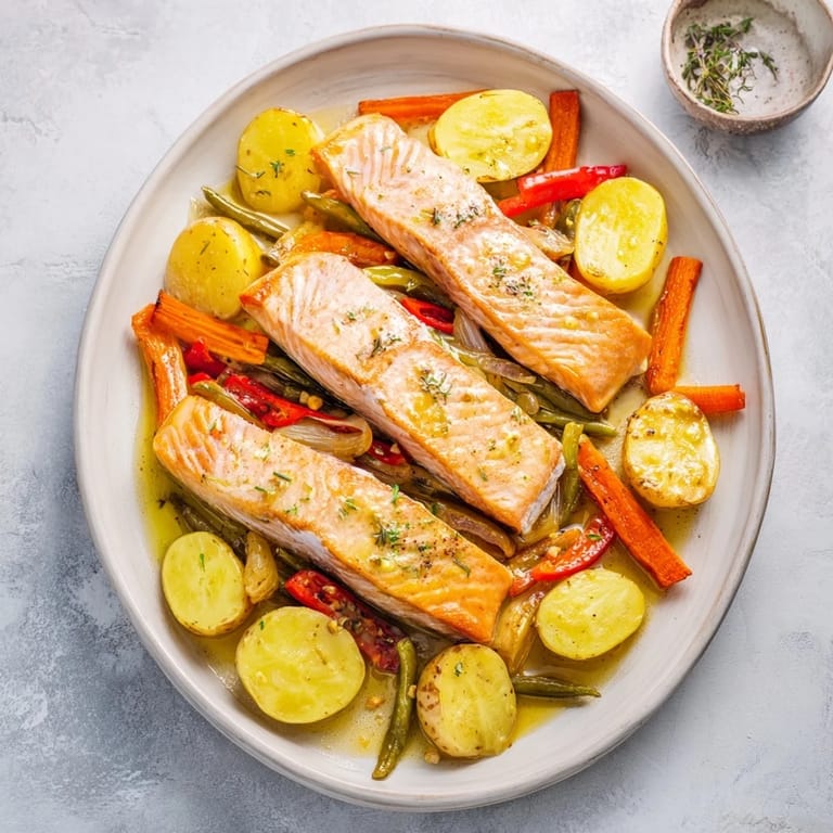 Tender One-Tray Baked Salmon, vibrantly colored with roasted vegetables, finished with honey mustard glaze.