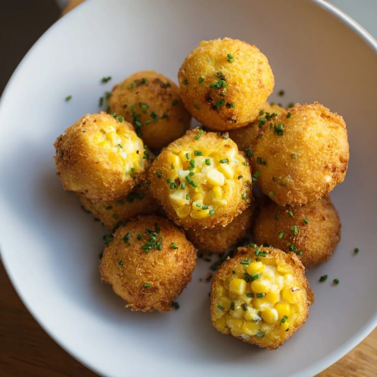 These homemade golden corn and cheddar fritters feature sweet corn and melted, sharp cheddar cheese.