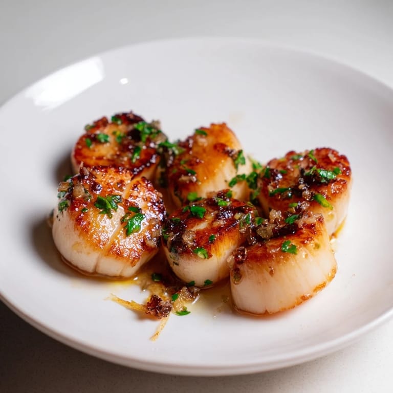 Close-up of delicious pan-seared scallops with garlic butter, a fresh and elegant appetizer.
