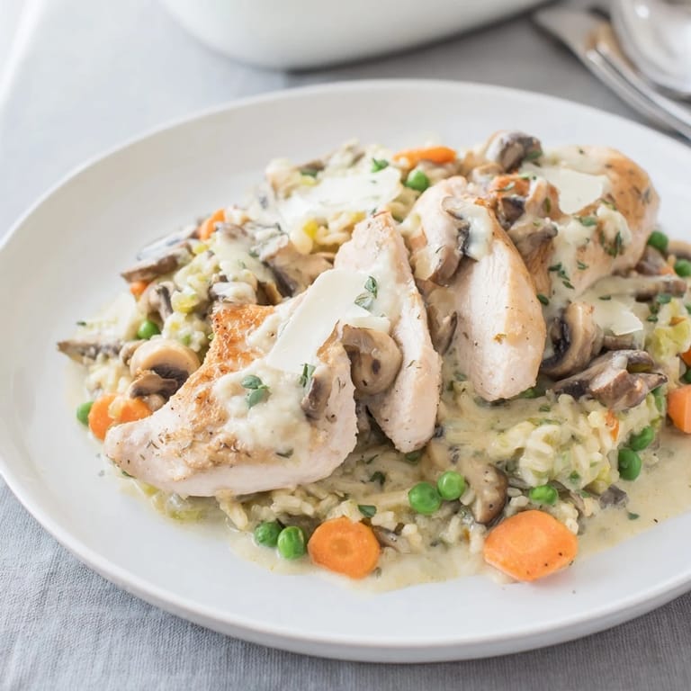A steaming bowl of comforting All-in-One Pan Creamy Chicken and Wild Rice, ready to serve with Parmesan cheese.