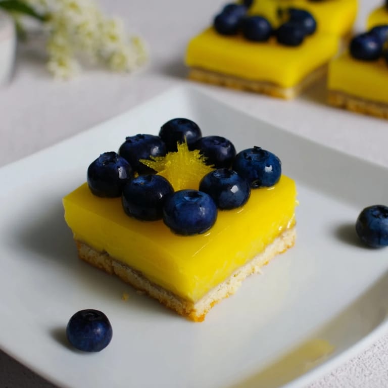 A close-up shot of homemade Decadent Lemon Curd and Blueberry Squares dusted with powdered sugar, ready to savor.