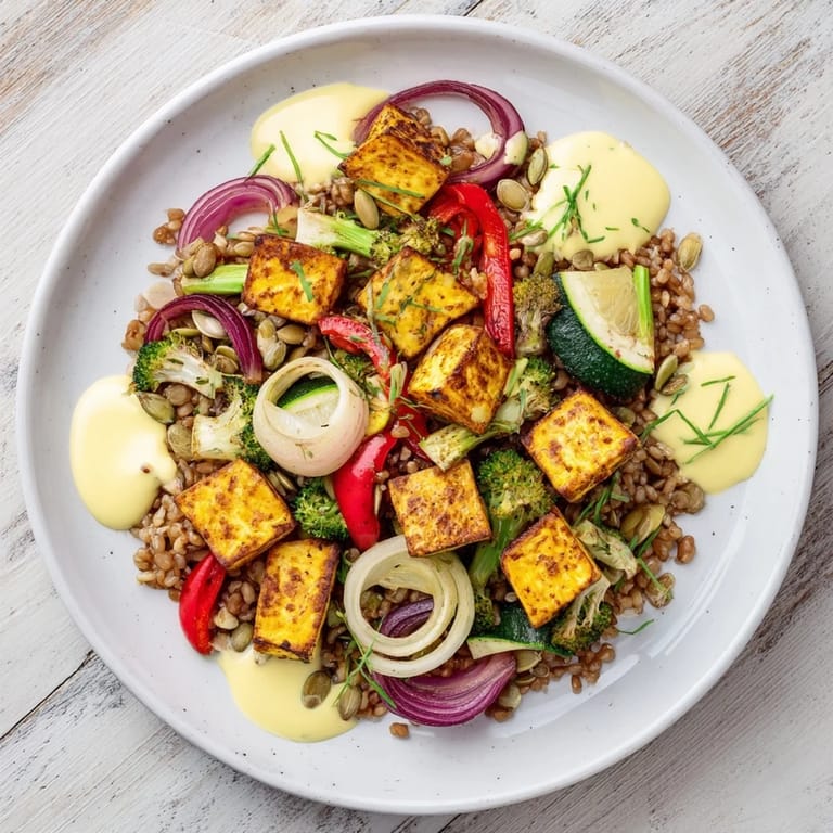 A colorful, close-up view of a Hearty Roasted Vegetable and Farro Grain Bowl, ready for a delicious meal.