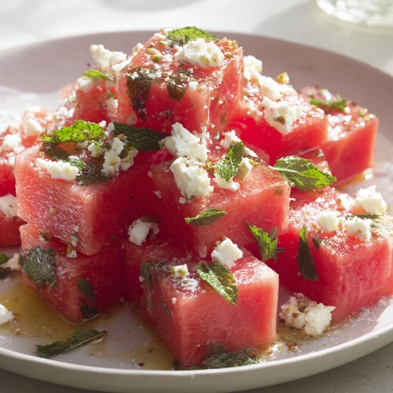 Bright summer photo shows fresh watermelon and feta salad, ready to enjoy with a tangy balsamic glaze.