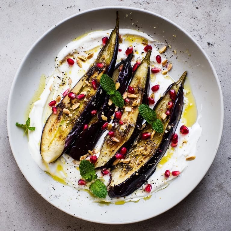 This photo shows beautifully roasted eggplant with yogurt sauce, a visually appealing vegetarian dish.