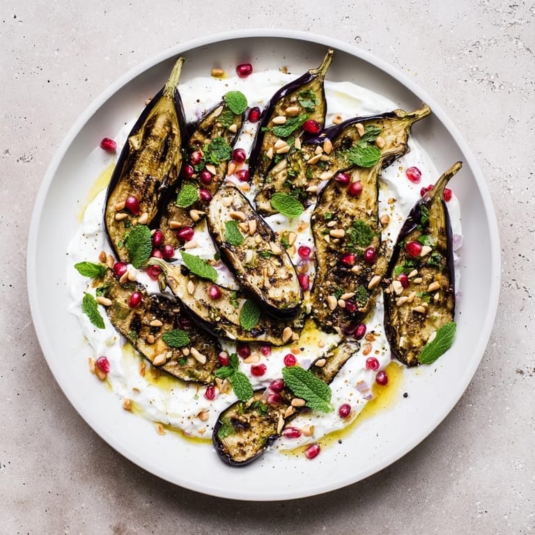 Enjoy a close-up of this delicious roasted eggplant recipe, garnished with fresh herbs.
