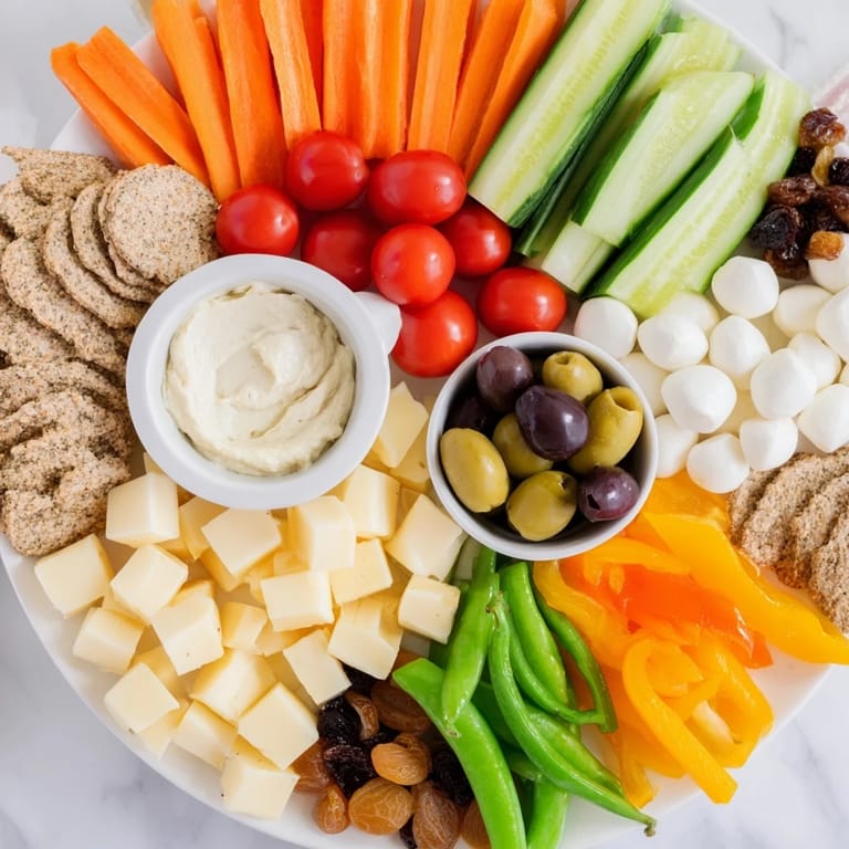 Enjoy a satisfying Veggie Snack Board – Adult Lunchable complete with crunchy crackers, roasted nuts, and savory dips and cheeses.