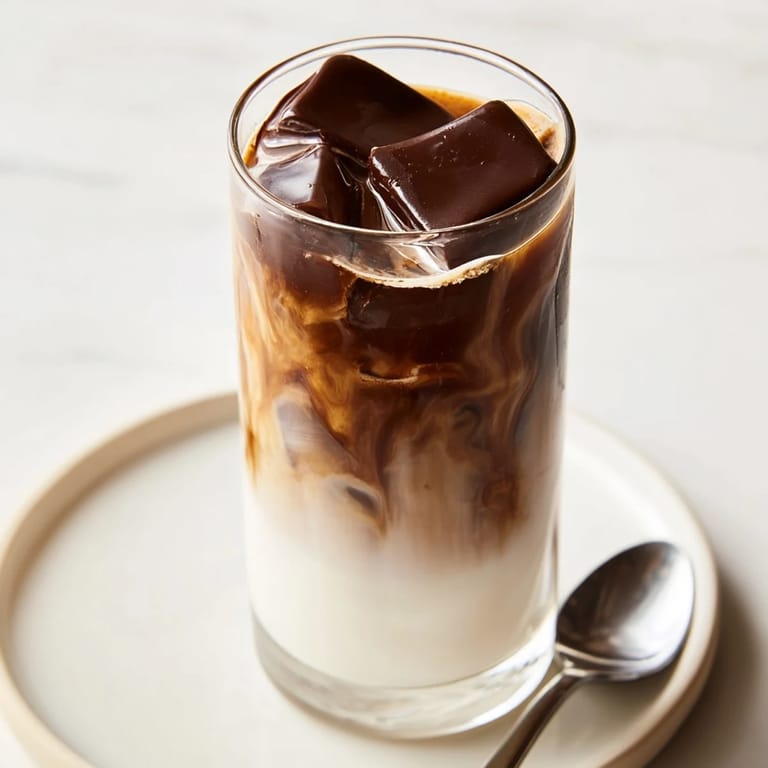 A decadent Chocolate Cracking Iced Latte with a perfect chocolate shell, served in a tall glass.