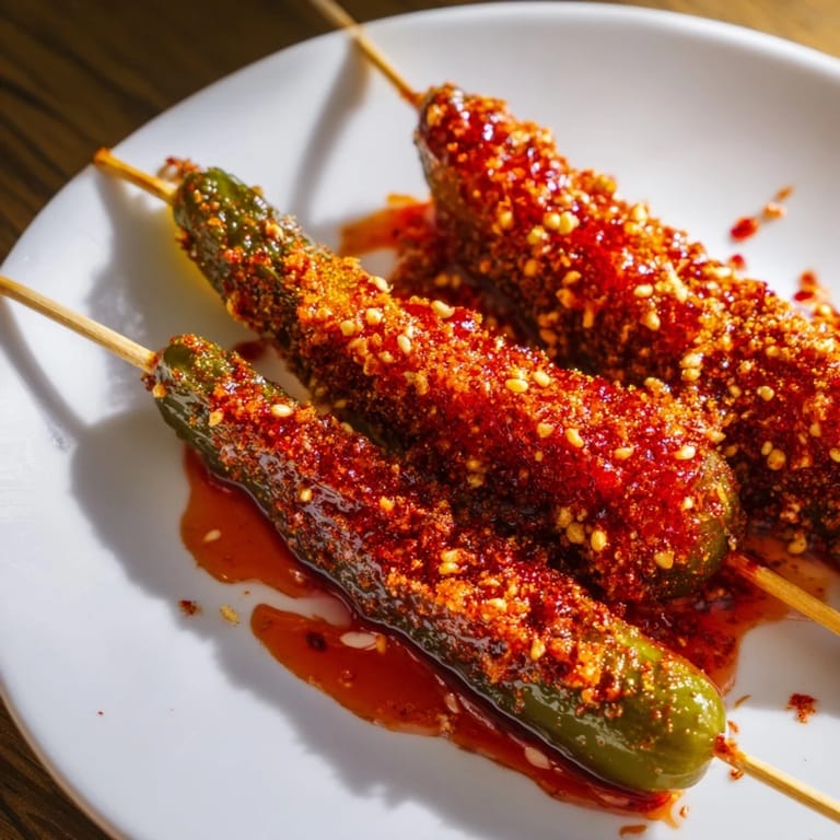 These spicy Chamoy-Tajín pickle sticks offer a sweet, sour, and savory snack bursting with flavor.