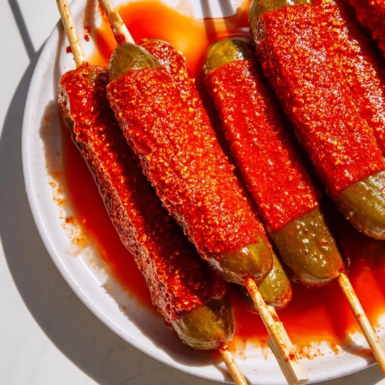 Enjoy cool and crisp Chamoy-Tajín pickle sticks; a refreshing treat, perfectly coated in seasoning.