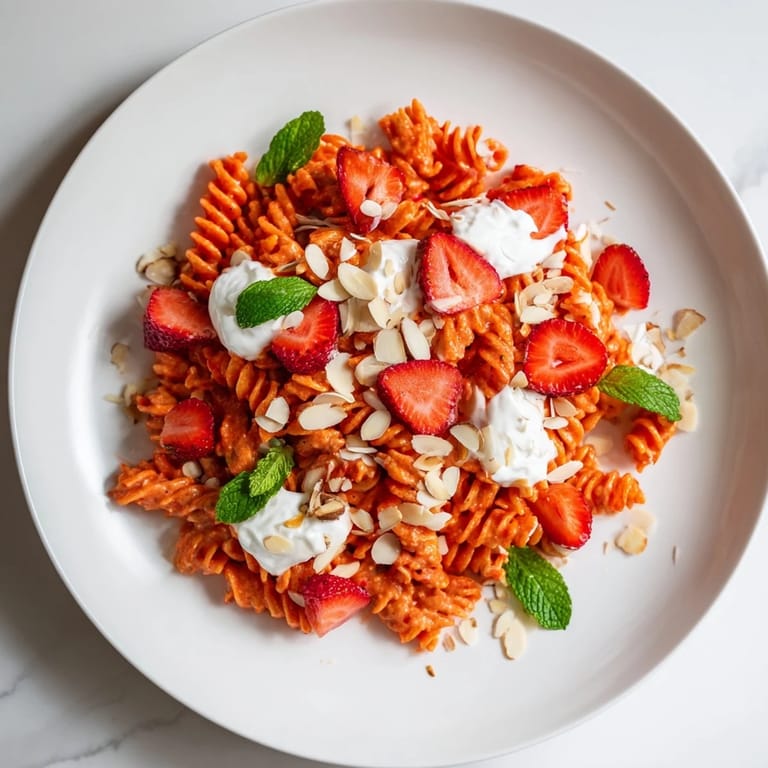 Refreshing Sweet Strawberry Yogurt Pasta, a summer treat with tender pasta and sweet berry sauce.