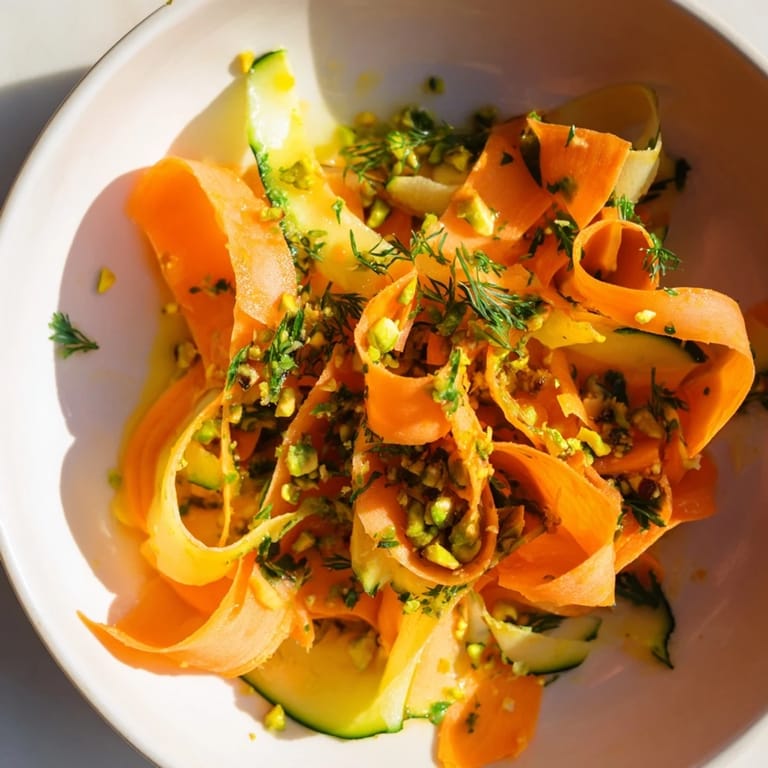 Close-up of Citrus Carrot Ribbon Salad; thin carrot ribbons with fresh herbs, ready to serve.