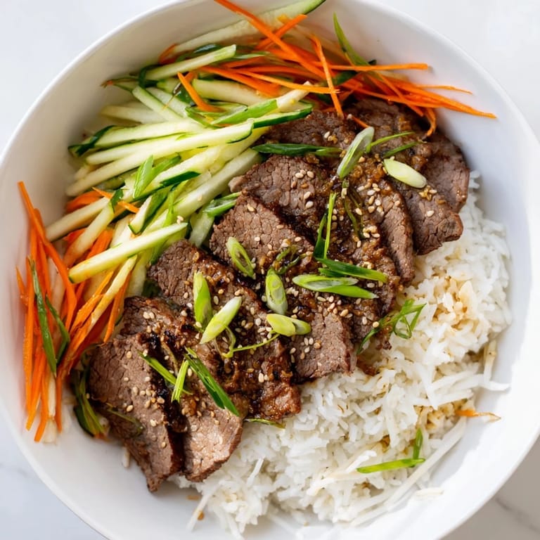 A visually appealing Bulgogi Beef Bowl featuring glistening marinated beef with a variety of fresh garnishes.