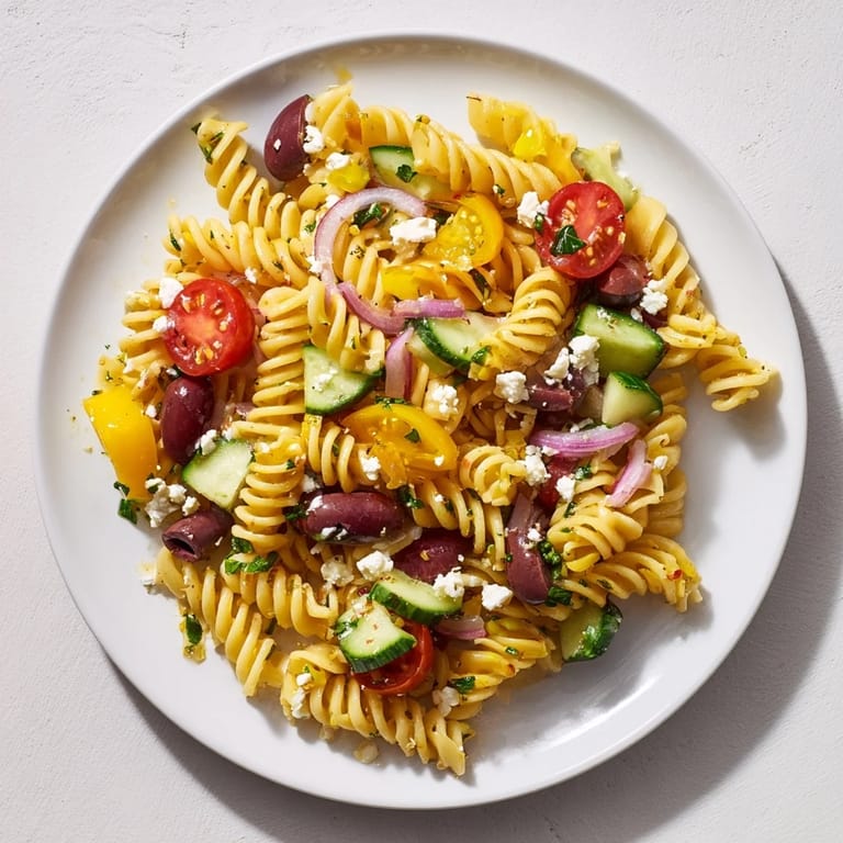 A refreshing bowl of Lemon Pasta Salad featuring colorful veggies and creamy feta cheese.
