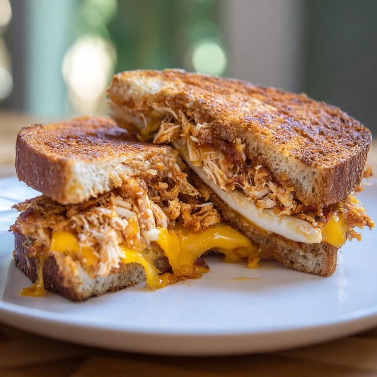 Crispy, golden sourdough showcasing a decadent Spicy Crispy Chicken Sandwich Grilled Cheese oozing melted cheese and savory chicken.