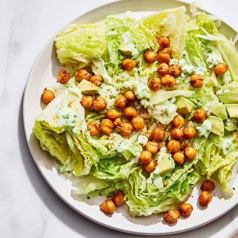 This close-up photo shows a serving of Green Goddess Salad, boasting a vibrant green hue with crunchy chickpeas.