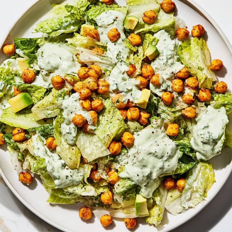 A light and refreshing bowl of Green Goddess Salad, showcasing creamy dressing and crispy chickpeas, perfect for spring.