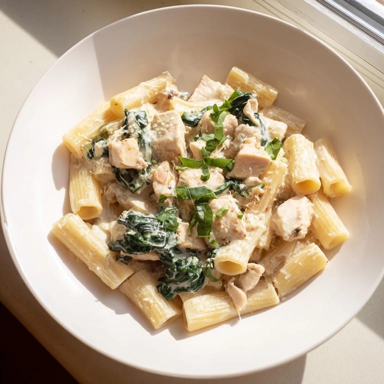 A steaming bowl of Budget-Friendly Marry Me Chicken Pasta, garnished with fresh basil, ready for a comforting bite.