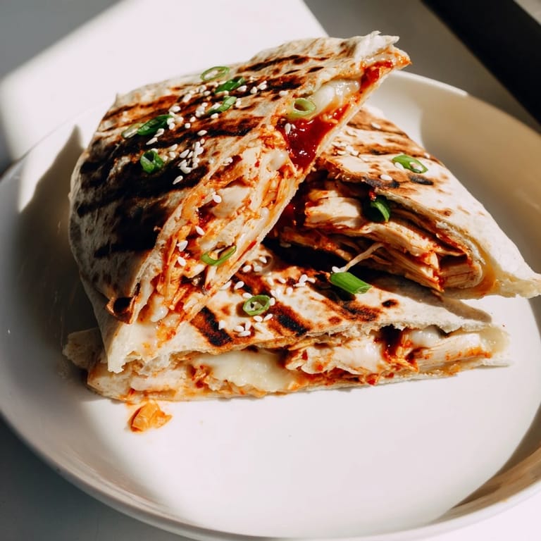 A close-up of a Korean BBQ Chicken Wrap Grilled Cheese, showcasing crispy edges and a flavorful filling.
