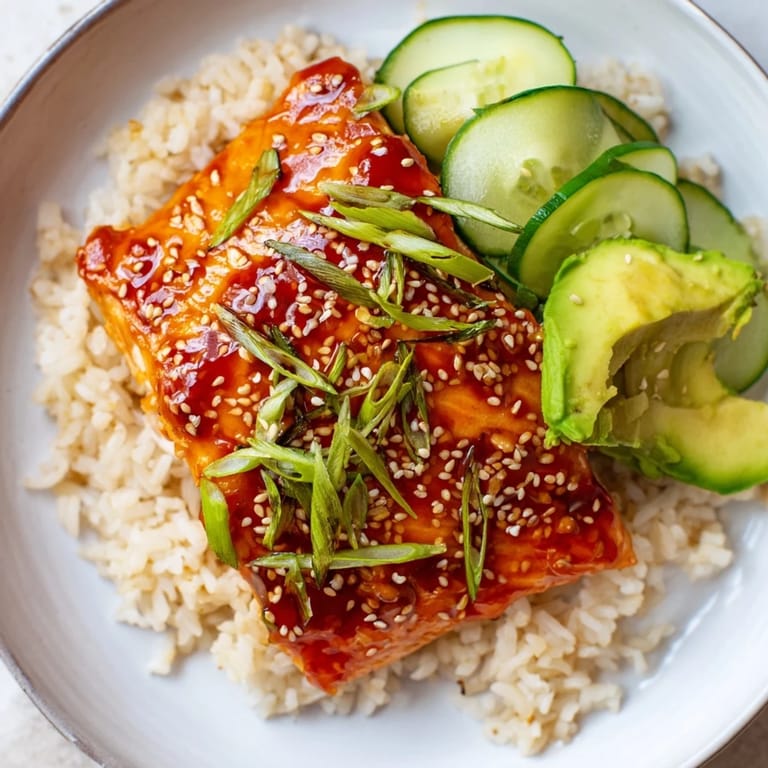 Enjoy a delicious Emily Mariko-Inspired Sticky Orange Gochujang Salmon Bowl, featuring flaky salmon and sesame seeds over rice.