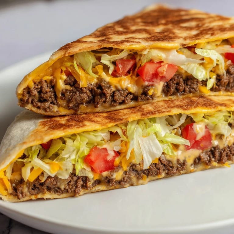 A close-up of a perfectly grilled Taco Bell Crunchwrap Supreme, cut in half to showcase layers.