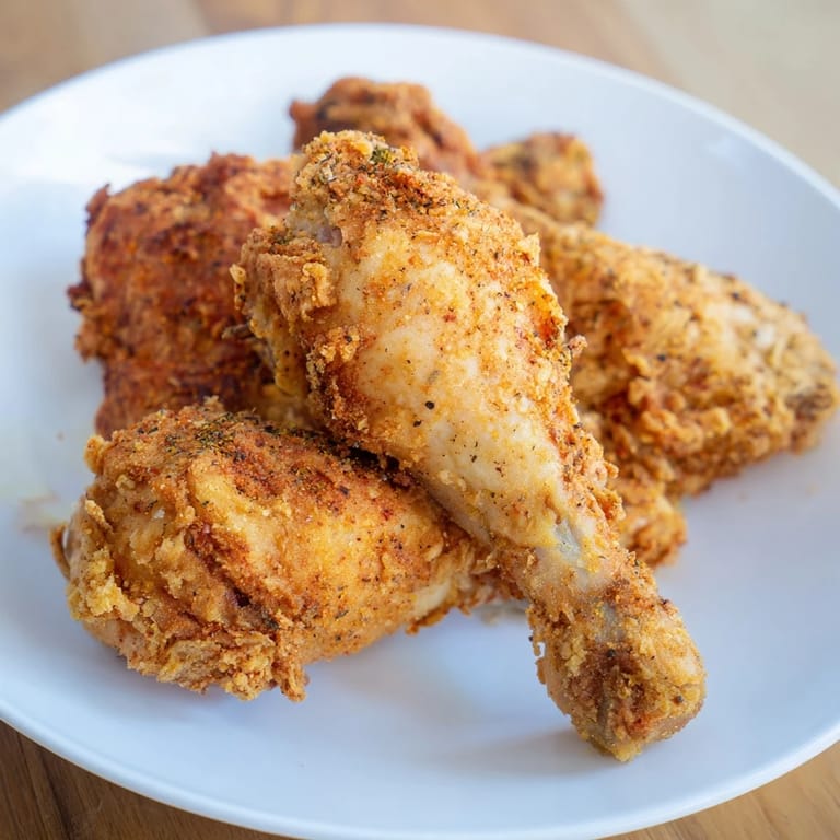 A close-up of delicious KFC Crispy Chicken shows the juicy, tender chicken beneath the spiced crust.