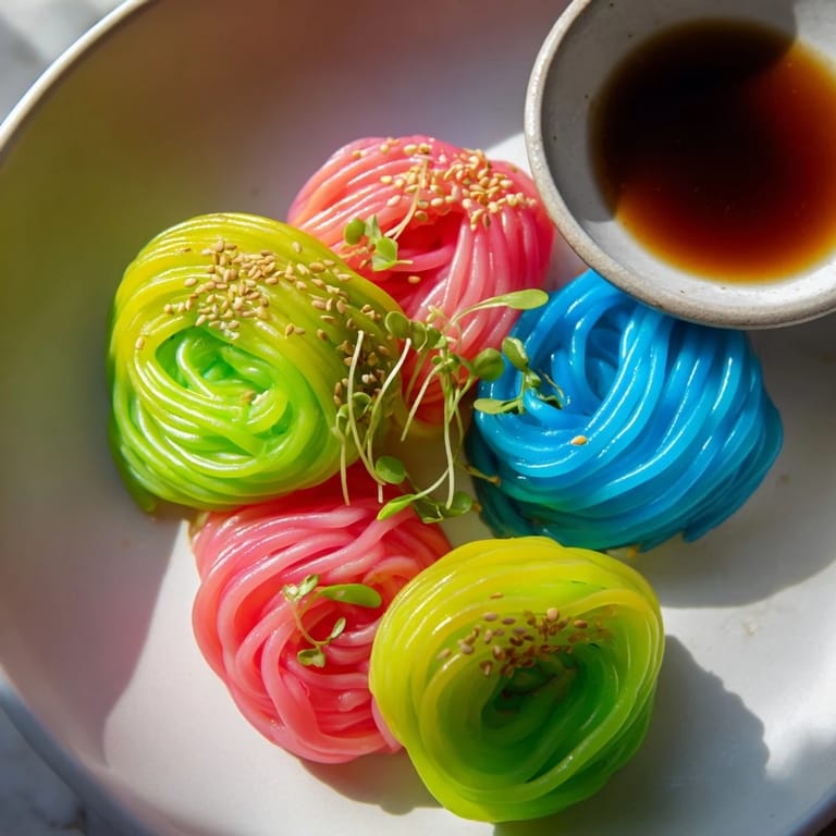 Imagine colorful, translucent neon noodle clouds, ready to dip in savory sauce, a fusion appetizer.