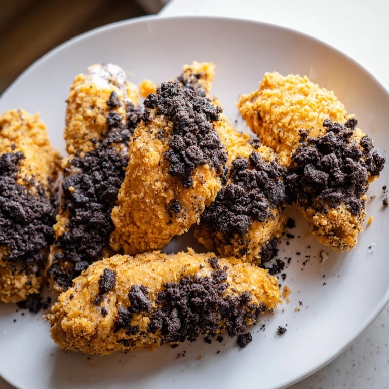 Mouthwatering close-up of indulgent DIY KFC Oreo Krusher-inspired fried chicken tenders, perfectly golden and crispy.