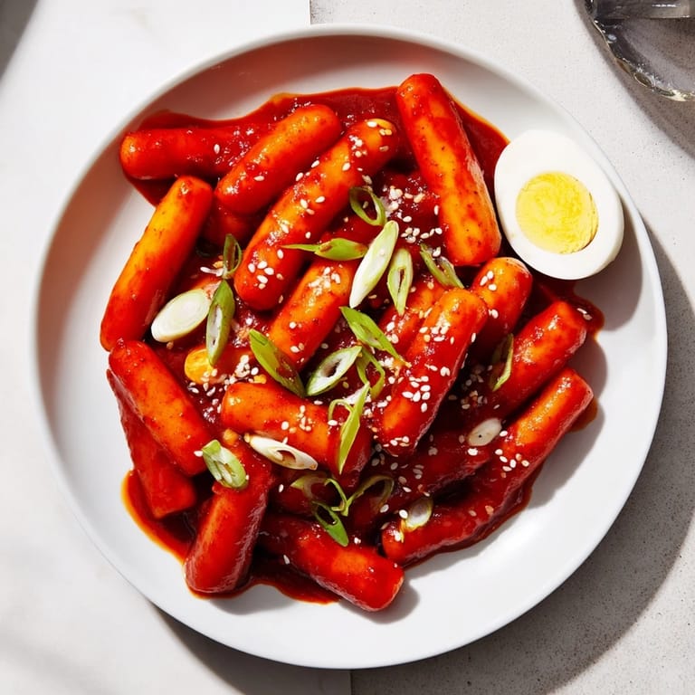 A close-up shot of Korean Tteokbokki, showcasing the sticky rice cakes and flavorful gochujang broth.