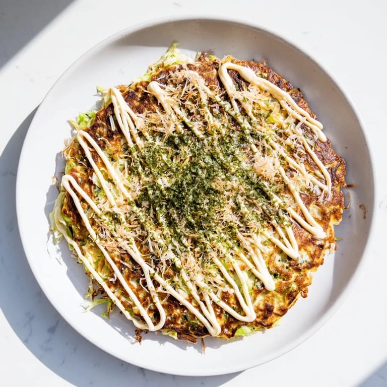 This delicious Okonomiyaki recipe features a steaming pancake filled with fresh cabbage, perfect for a meal.