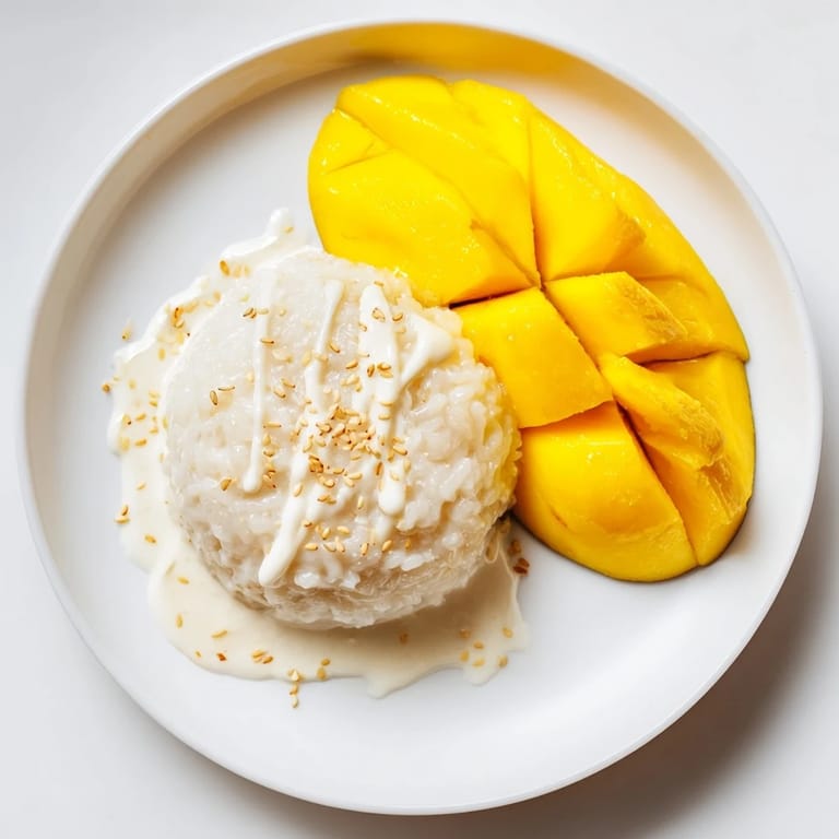 Creamy coconut-infused sticky rice paired with fresh mango, a classic Thai dessert photo.