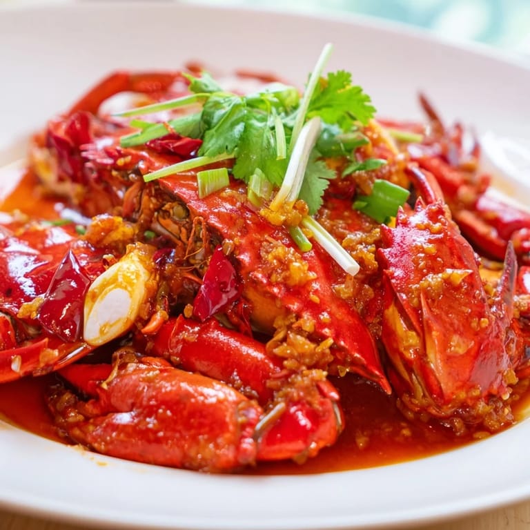 Freshly cooked Singaporean Chili Crab, glistening with a vibrant chili sauce, ready to be enjoyed.