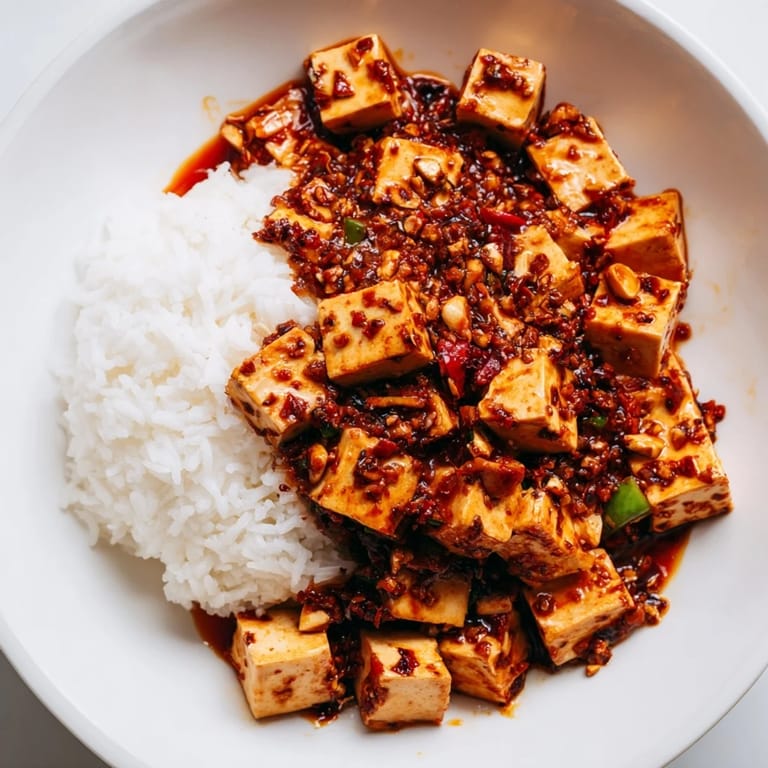 A close-up of the flavorful Chinese Mapo Tofu, showcasing the silky tofu texture and spicy sauce.