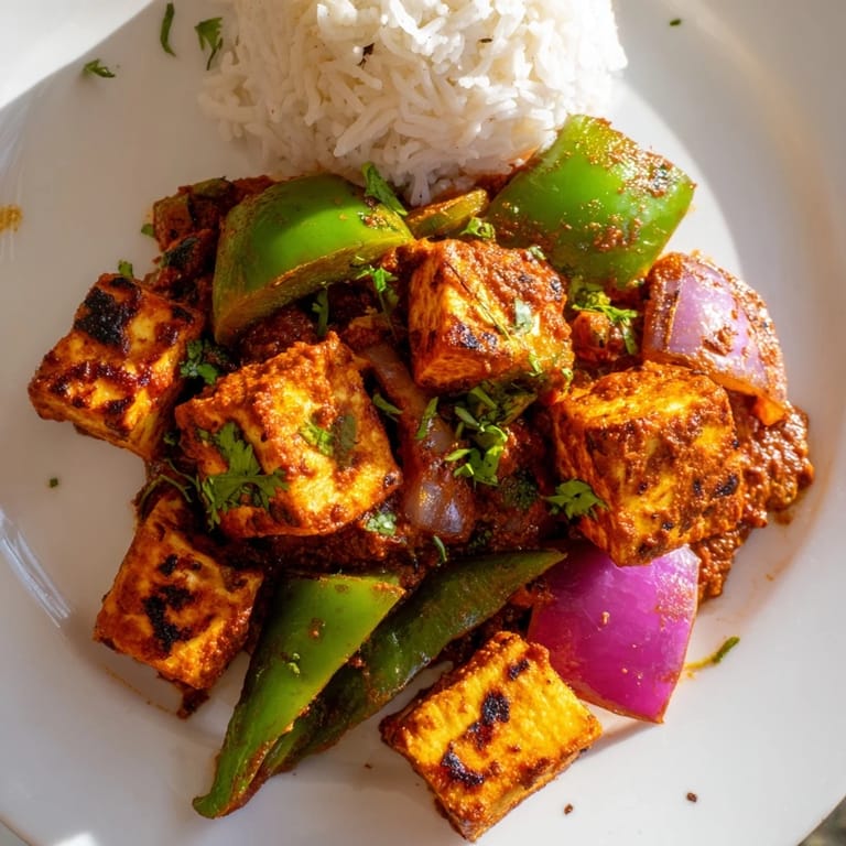 Bright red Paneer Tikka Masala, garnished with cilantro, served alongside fluffy, white basmati rice.