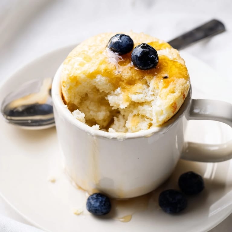 Golden-brown pancake made in a mug, drizzled with syrup and scattered with chocolate chips, ideal for a single breakfast.  