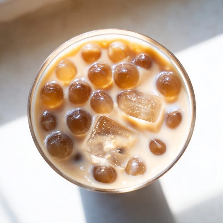 Two tall glasses of Boba Tea Hack filled with ice, swirls of milk tea, and straws ready to sip.