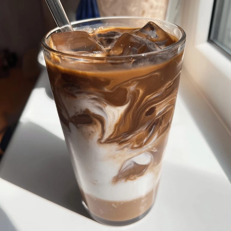 Chilled Milo Ice Latte Hack in a clear glass, showing creamy milk layered with rich chocolate malt over ice, ready to sip.