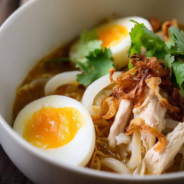 A comforting bowl of Thai Miso Ramen featuring a fragrant broth with chicken, bok choy, eggs, and lime wedges.